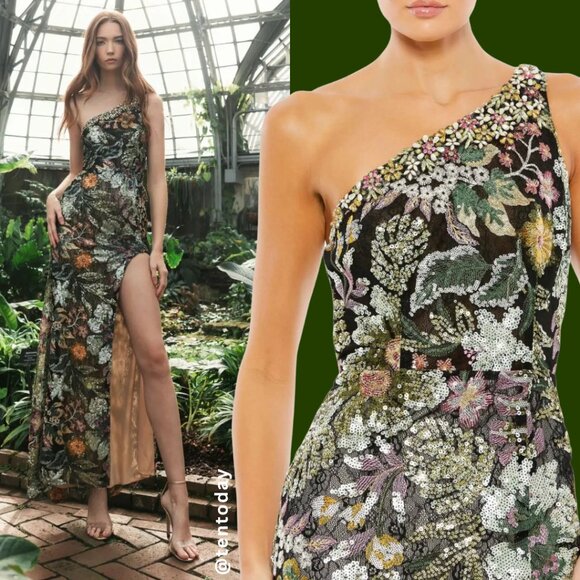 Mac Duggal 49574 Size 8 Floral Black Green Pink One Shoulder Gown Maxi Dress - Picture 1 of 10